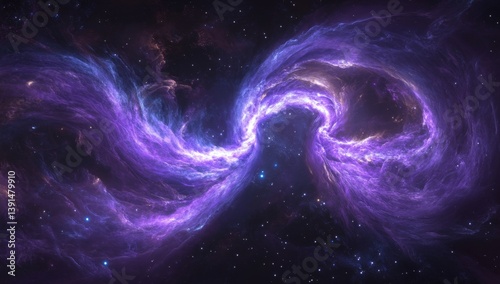 Cosmic nebulae swirling in deep space.  Vibrant purple and violet gaseous clouds, with intricate patterns and luminous filaments, stretch across a dark expanse of stars