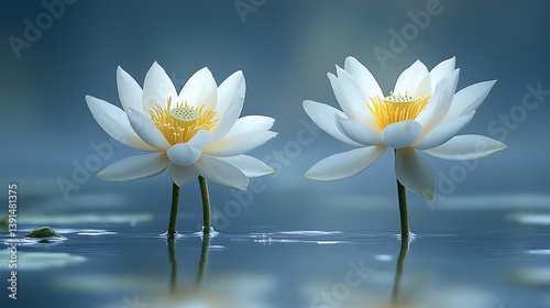 Two pristine white water lilies float serenely on calm water.