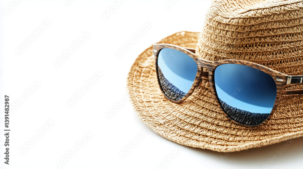 Straw hat with sunglasses on isolated white background.