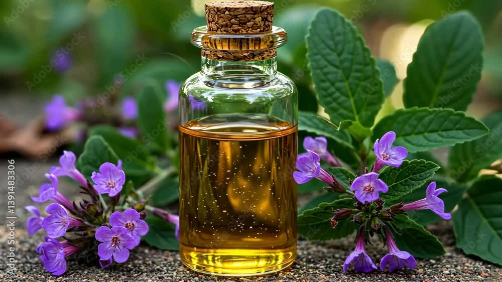 A bottle of golden liquid with a cork stopper surrounded by purple flowers and green leaves