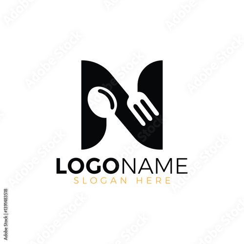 Letter Spoon with Shape Spoon Logo. Initial Letter N Food Logo, Restaurant Food Logo, letter N spoon fork logo design vector