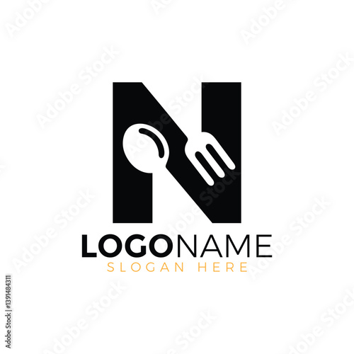 Letter Spoon with Shape Spoon Logo. Initial Letter N Food Logo, Restaurant Food Logo, letter N spoon fork logo design vector