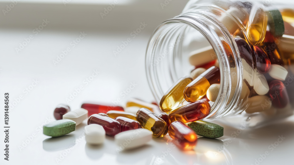 Vitamins and capsules spilled from a jar, copy space.