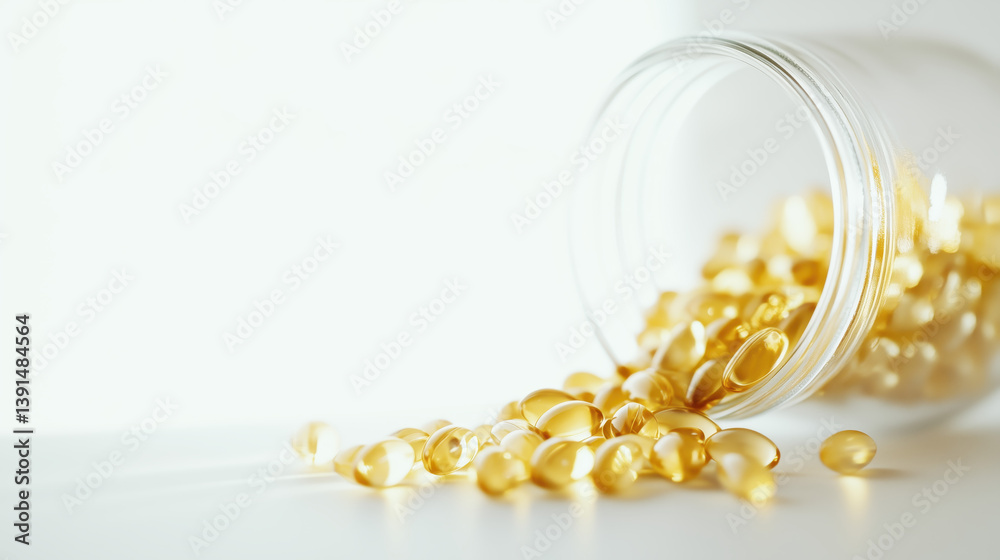 Omega-3 fish oil capsules spilled from bottle, copy space.