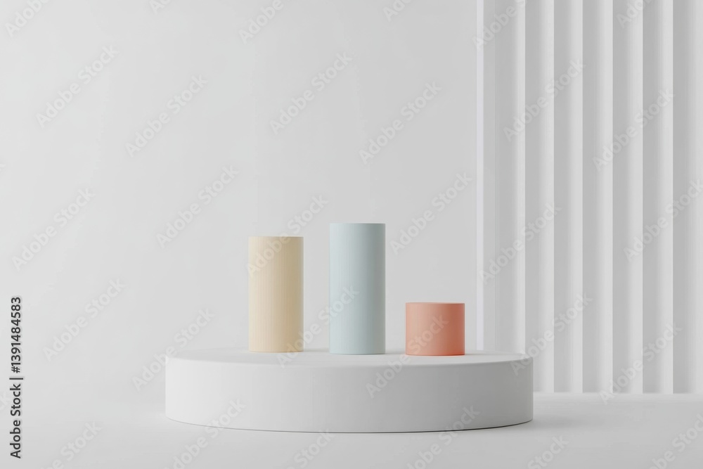 Minimalist podium display with pastel cylinders Minimalist podium display with pastel cylinders