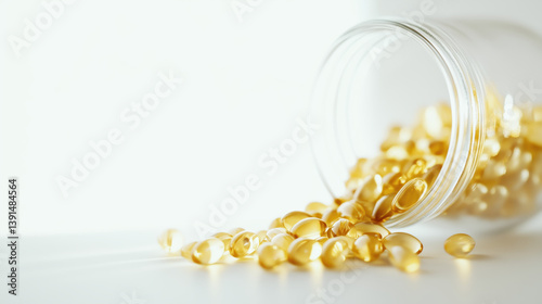Obraz na płótnie Omega-3 fish oil capsules spilled from bottle, copy space. w salonie