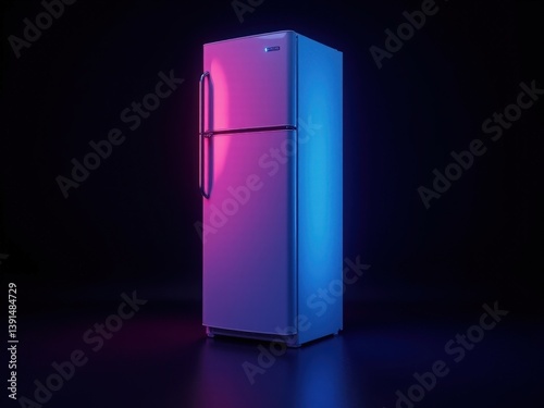 neon Refrigerator with a purple light on it. The refrigerator is white