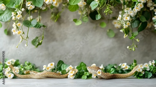 Two snakes among white flowers and green leaves on grey background.