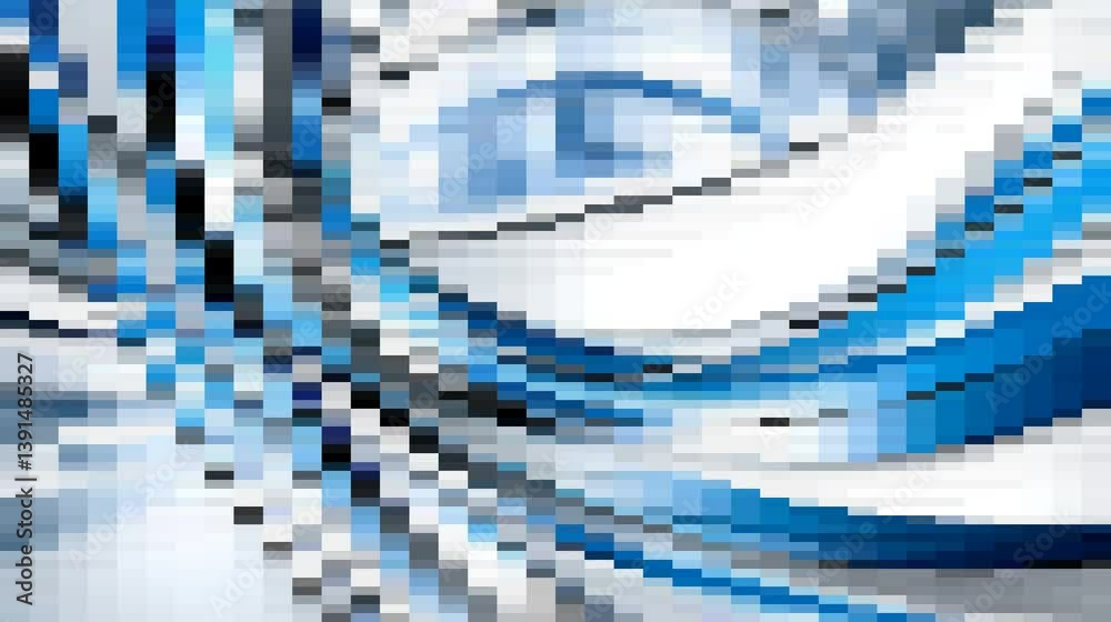 Abstract Blue, white, black flowing pixelated design with a dynamic, rippling wave effect in a grid pattern