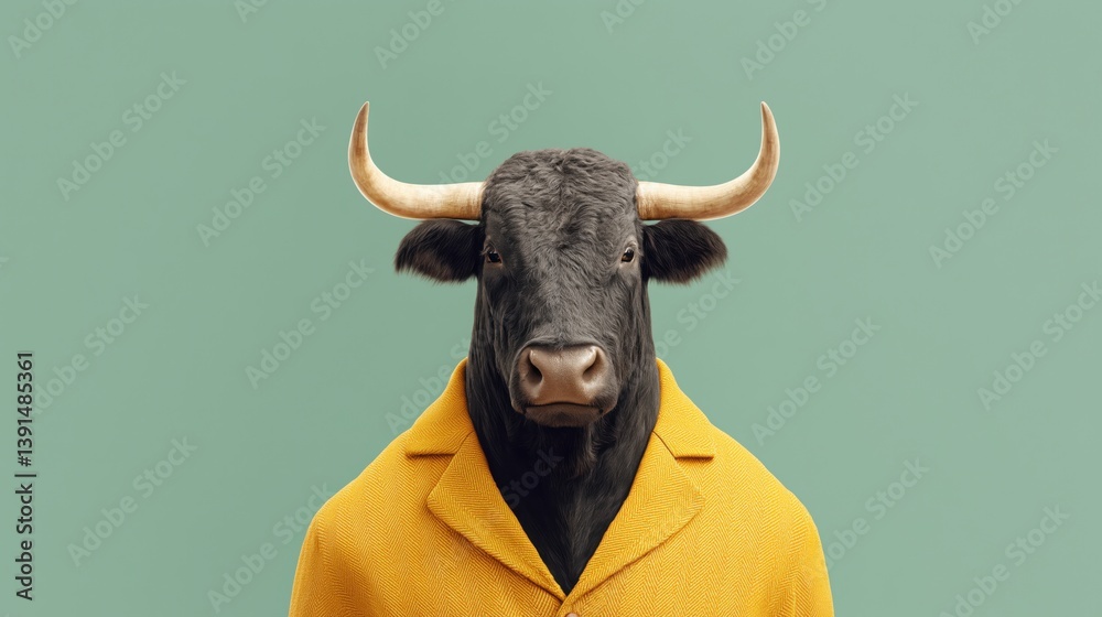Bull dressed in a yellow coat against a solid green background showcasing a creative concept of anthropomorphism.