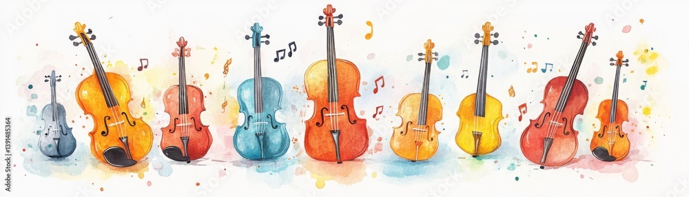 Naklejka premium A colorful illustration featuring various violins with musical notes, showcasing creativity and the beauty of music.