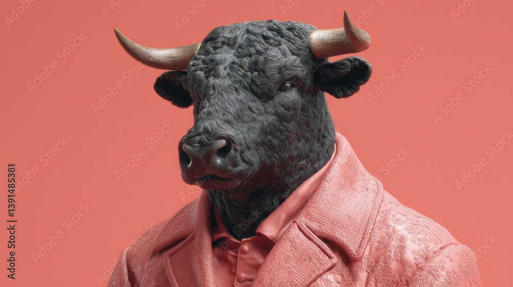 Bull wearing a pink coat stands against a coral background, showcasing a unique blend of fashion and animal imagery.