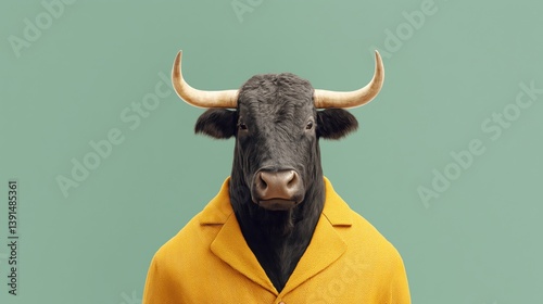 Obraz na płótnie Bull dressed in a yellow coat against a solid green background showcasing a creative concept of anthropomorphism. w salonie