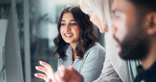 Teamwork, computer and mentor with business people in office for research, planning and journalist advisor. Coaching, help and collaboration with employees in agency for discussion and article editor