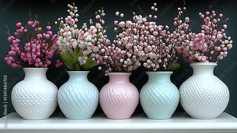 Five pastel vases with spring branches. Five pastel vases with spring branches.