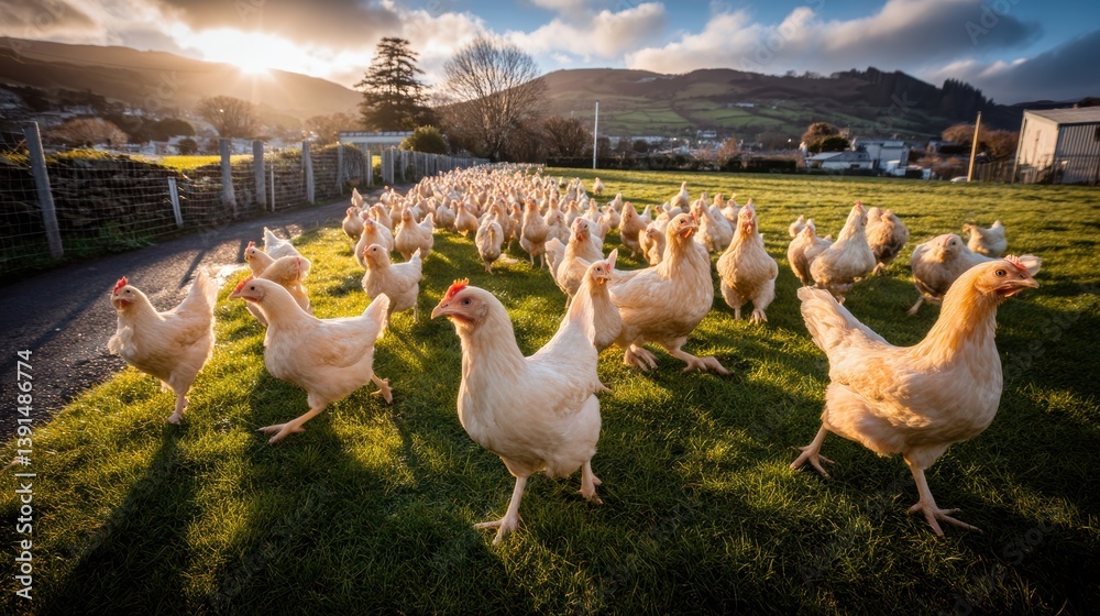 A flock of chickens roams freely across a green field, illuminated by a warm sunset, with rolling hills in the background.