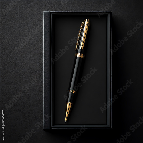 realistic elegant black pen with gold details is displayed in sleek black box, showcasing its luxurious design and craftsmanship. This pen is perfect for professional settings or as gift
