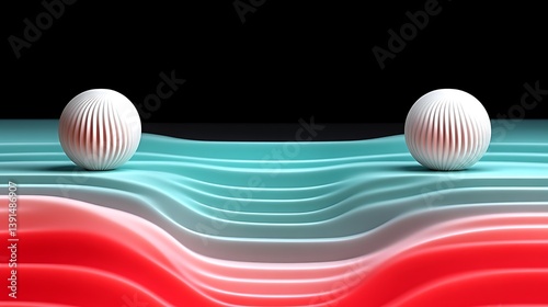 Two white spheres on wavy surface.
