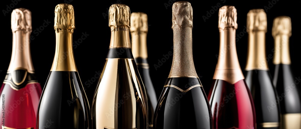 A collection of elegant champagne bottles with various designs, standing in a row against a black background, showcasing luxury and celebration.