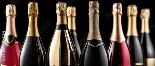 Obraz na płótnie A collection of elegant champagne bottles with various designs, standing in a row against a black background, showcasing luxury and celebration. w salonie