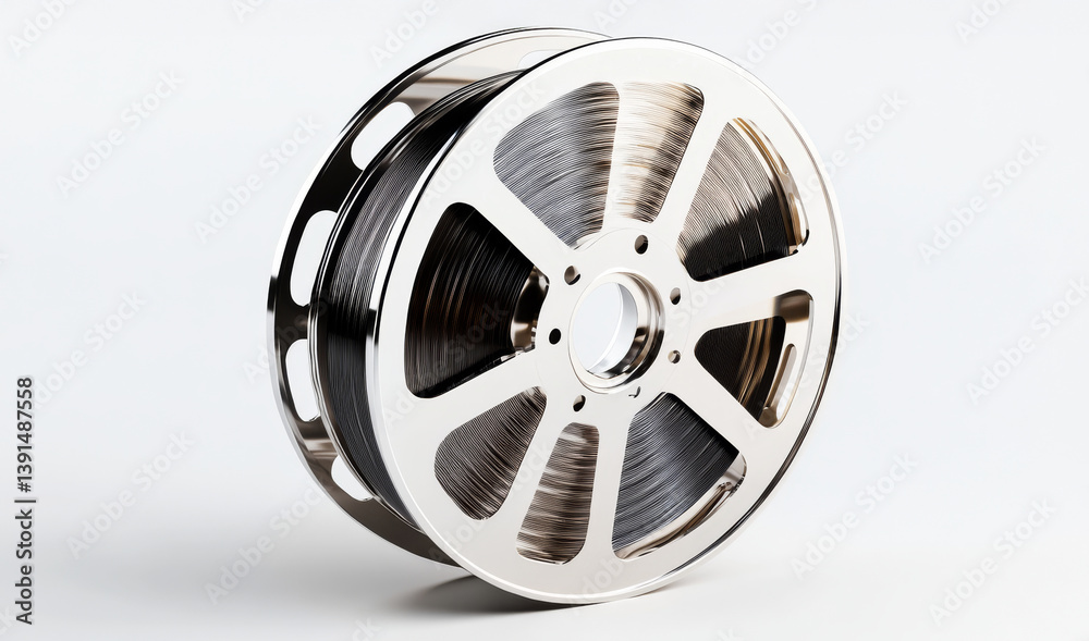 Obraz premium The Cinematic Reel: A close-up view of a vintage film reel, a gleaming icon of cinematic storytelling. This image beautifully captures the nostalgic essence of movie-making history.