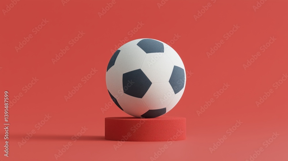 Soccer ball displayed on a circular pedestal with a vibrant red background showcasing sports creativity and design.