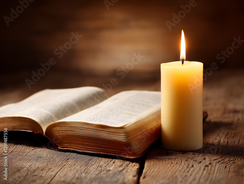  candle and bible on wood,