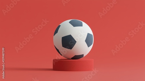 Obraz na płótnie Soccer ball displayed on a circular pedestal with a vibrant red background showcasing sports creativity and design. w salonie