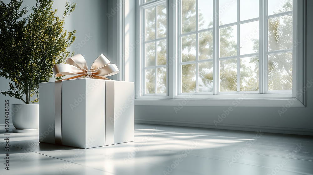 Huge gift box in a light interior.