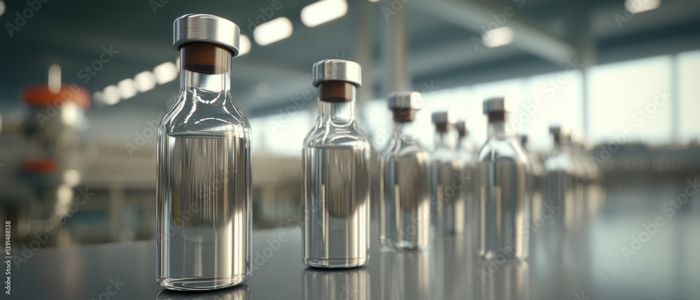 Clear glass bottles lined up in a modern facility, reflecting light and showcasing a sterile environment for storage or production. Clear glass bottles lined up in a modern facility, reflecting light and showcasing a sterile environment for storage or production.
