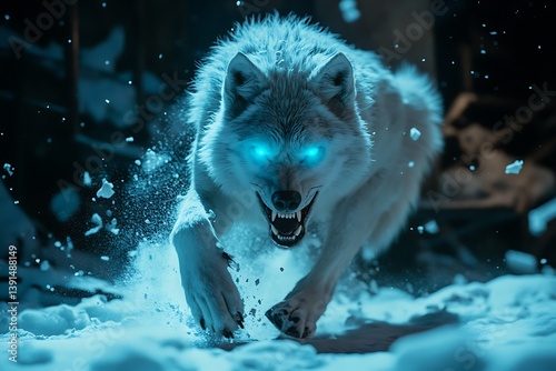 A white wolf with glowing blue eyes running through the snow in a dark and moody winter scene