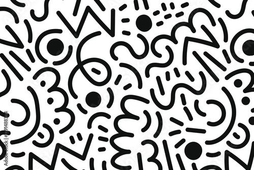 Memphis geometric. black and white abstract background in retro 80s, 90s style with various shapes: circles, dots, zigzags, spirals, wavy lines.