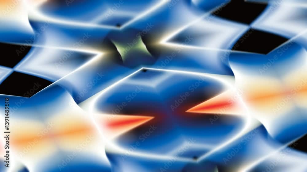 Abstract kaleidoscopic pattern with blue, orange, white, and black colors