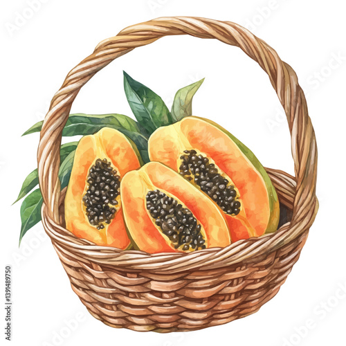 Papaya basket, watercolor illustration, isolated on a white background.

