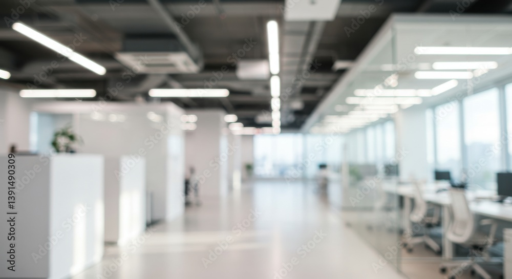 Fototapeta premium Blurry view of a modern office space with desks chairs and bright lighting from large windows overhead
