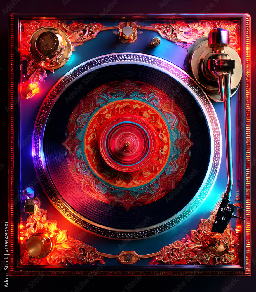 custom made wallpaper toronto digitalVintage Turntable's Artistic Aura: a vibrant vintage turntable adorned with intricate patterns. A harmonious blend of music and art, inviting listeners to an experience of sound and color.