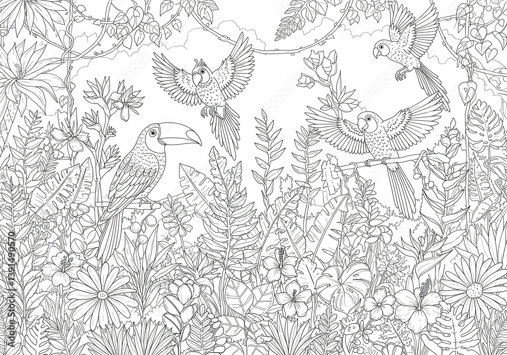 Fototapeta premium Black and white tropical birds among jungle vines and exotic flowers coloring page