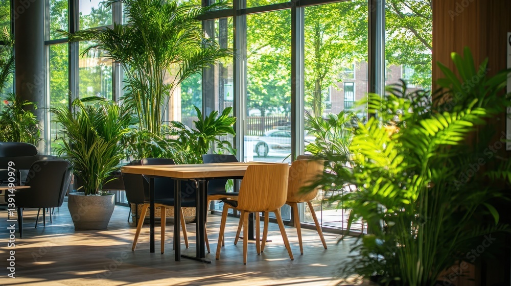 Fototapeta premium Bright space with wooden table, chairs and greenery near a large window. It showcases modern office design that promotes collaboration and productivity.