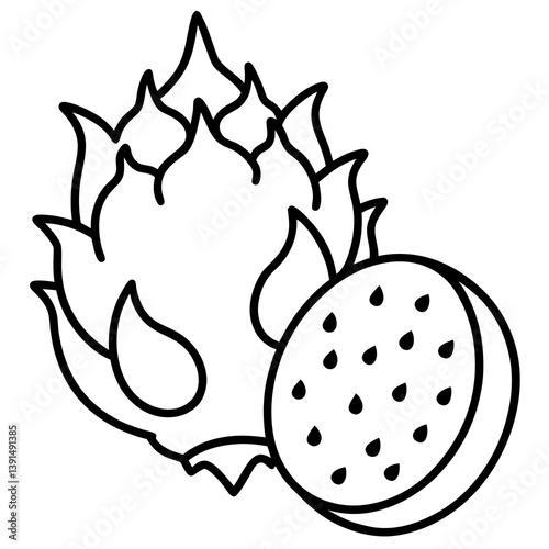Whole and sliced dragon fruit composition  line art vector illustration 