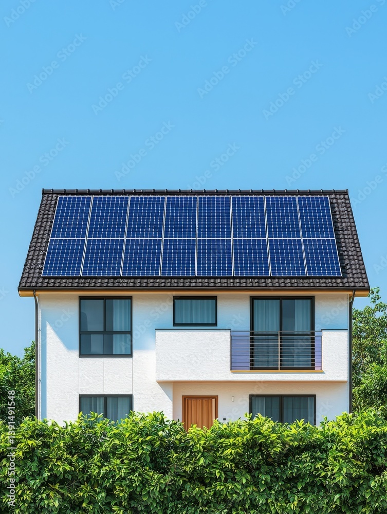 Fototapeta premium eco-friendly lifestyle. Modern home featuring solar panels surrounded by greenery under a clear blue sky.