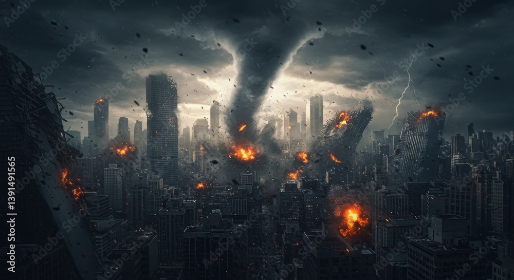 Fototapeta premium Cityscape with tornado and fire damage amidst dark storm clouds and lightning strikes overhead view
