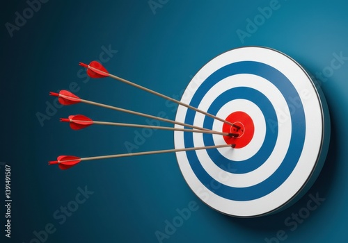 Arrows hitting the bullseye of a target with blue and white rings on a blue background surface