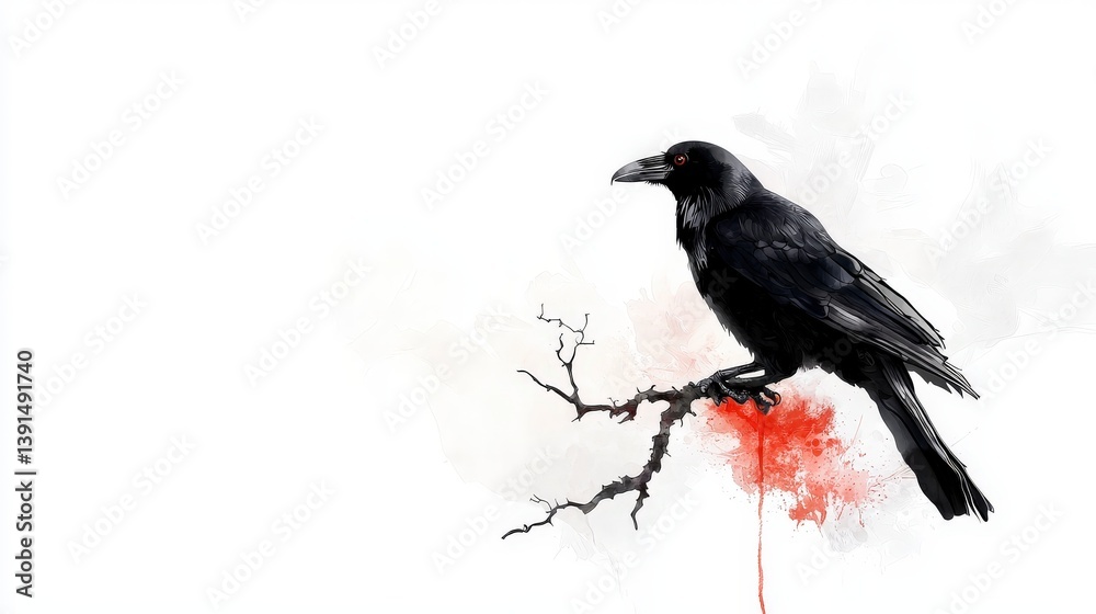 Fototapeta premium Raven Perched: A stark, artistic depiction of a sleek black raven, perched on a bare, weathered branch. Blood-red splashes add a touch of mystery and drama.