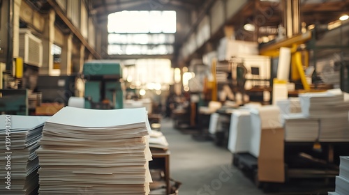 Stacks of paper in a large industrial printing factory.