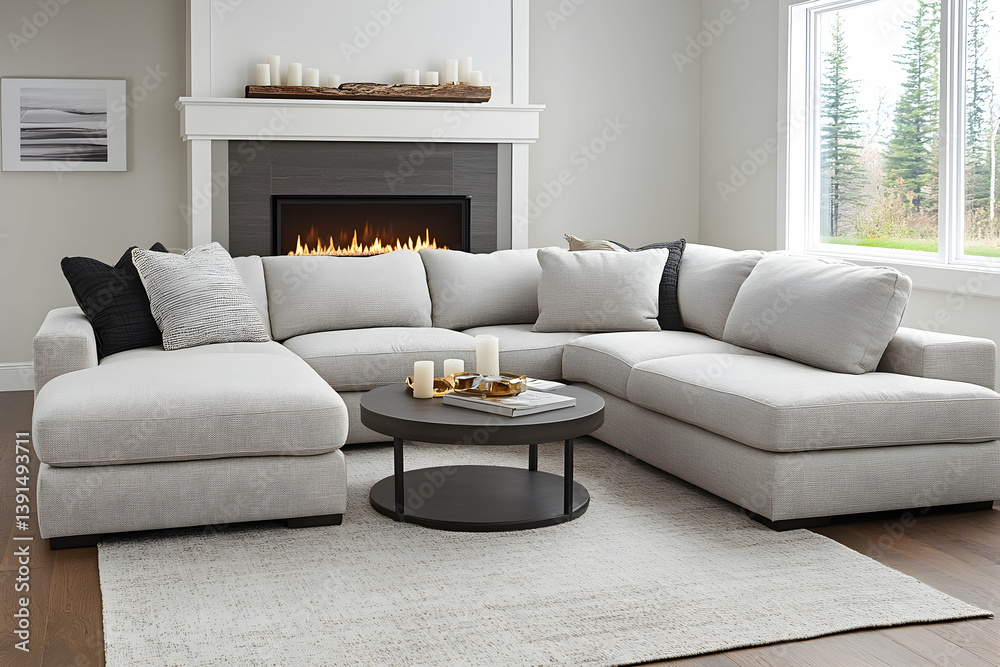 Obraz premium Modern light gray sectional sofa in spacious living room with fireplace and large window.