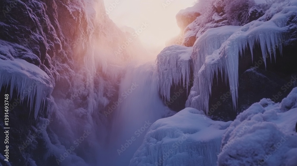 A breathtaking winter waterfall cascades through icy cliffs. The serene beauty of nature reveals its frozen elegance. Experience an enchanting frosty landscape. Generative AI