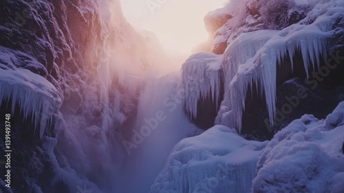 Obraz na płótnie A breathtaking winter waterfall cascades through icy cliffs. The serene beauty of nature reveals its frozen elegance. Experience an enchanting frosty landscape. Generative AI w salonie