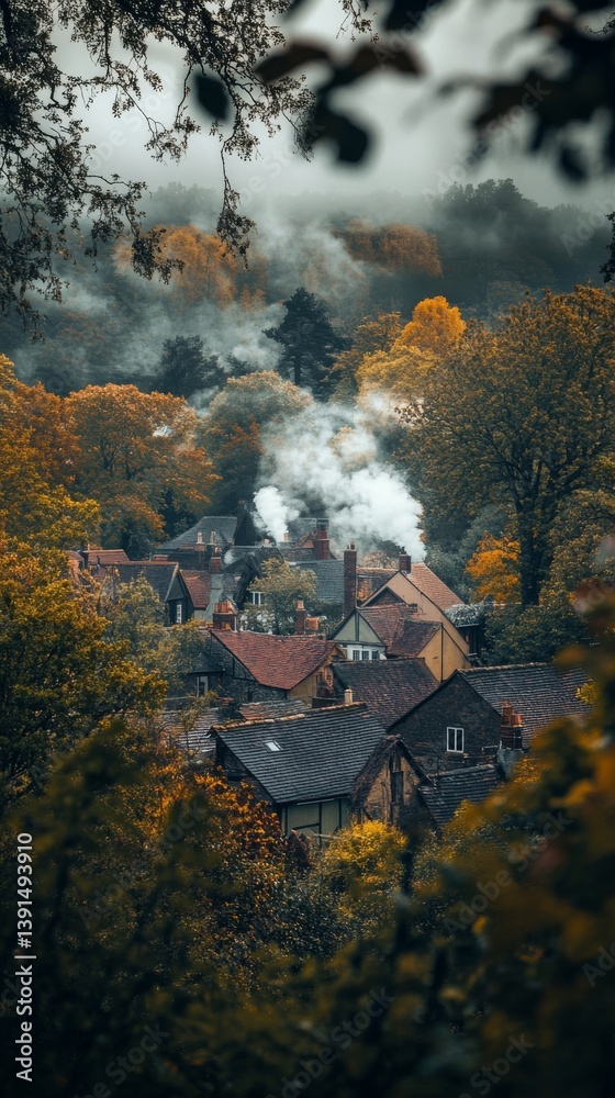 Autumn village scene with smoke rising from cozy homes. The vibrant colors of nature create a peaceful atmosphere. Experience the charm of this tranquil setting. Generative AI