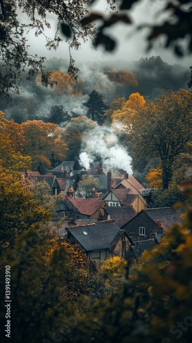 Obraz na płótnie Autumn village scene with smoke rising from cozy homes. The vibrant colors of nature create a peaceful atmosphere. Experience the charm of this tranquil setting. Generative AI w salonie