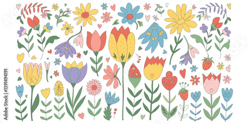 Spring & Summer Hand-Drawn Flower Set – Wildflowers, Leaves, Herbs & Foliage  Flat Vector Floral Elements on White Background